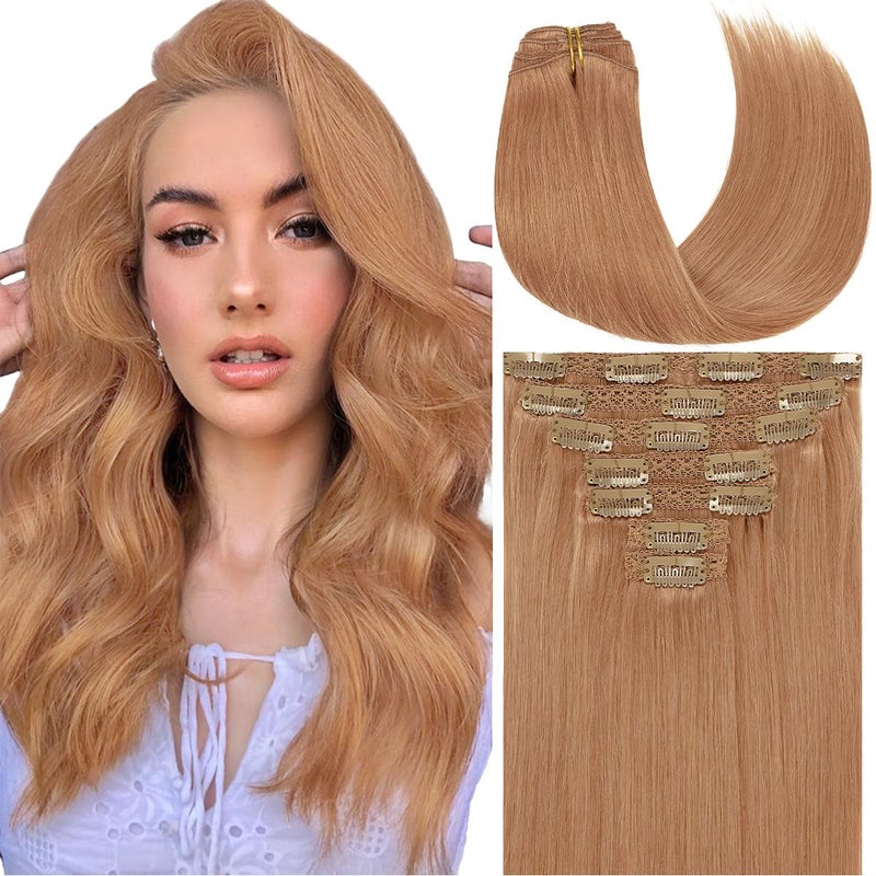 Caliee Hair Extensions Clip in Human Hair Auburn Brown Double Weft Thick Ends Seamless Hair Extensions Clip in Human Hair 18 Inch with 16 Clips 120 G Soft
